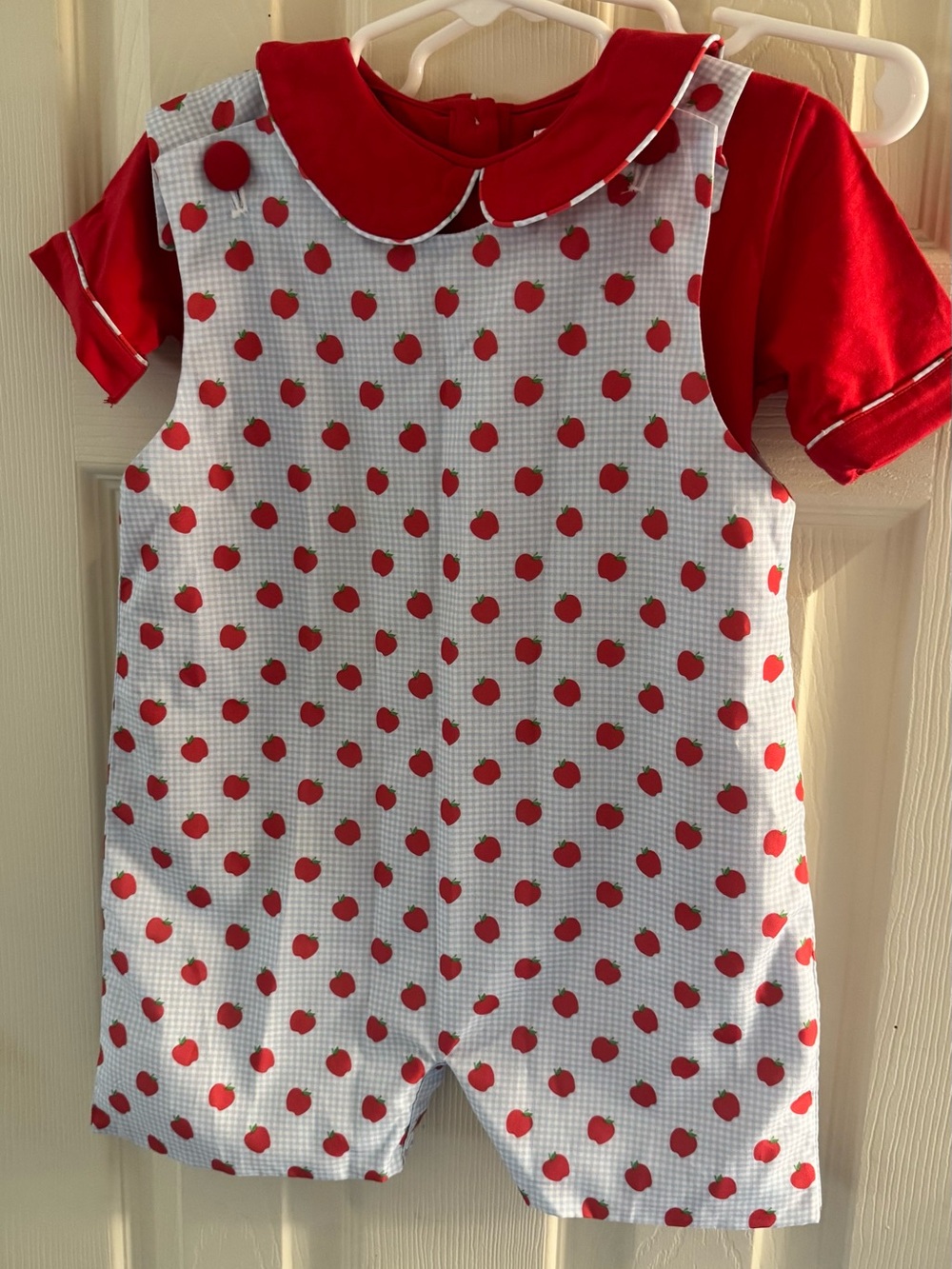 Cecil and Lou Red Apple Print 2T Romper with Red Matching Shirt